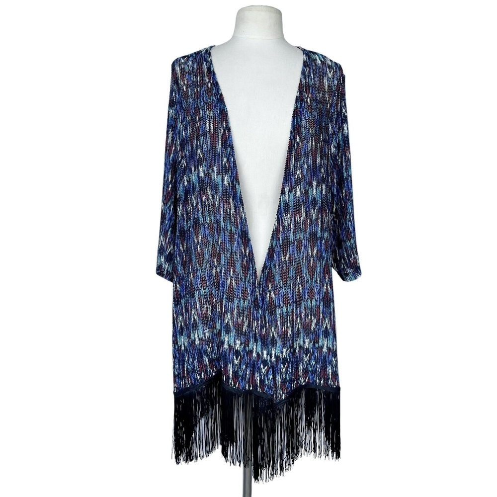 CATHERINES Cardigan Women’s Size 0X(14/16) Blue Fringes Hem Open Knit 3/4 Sleeve